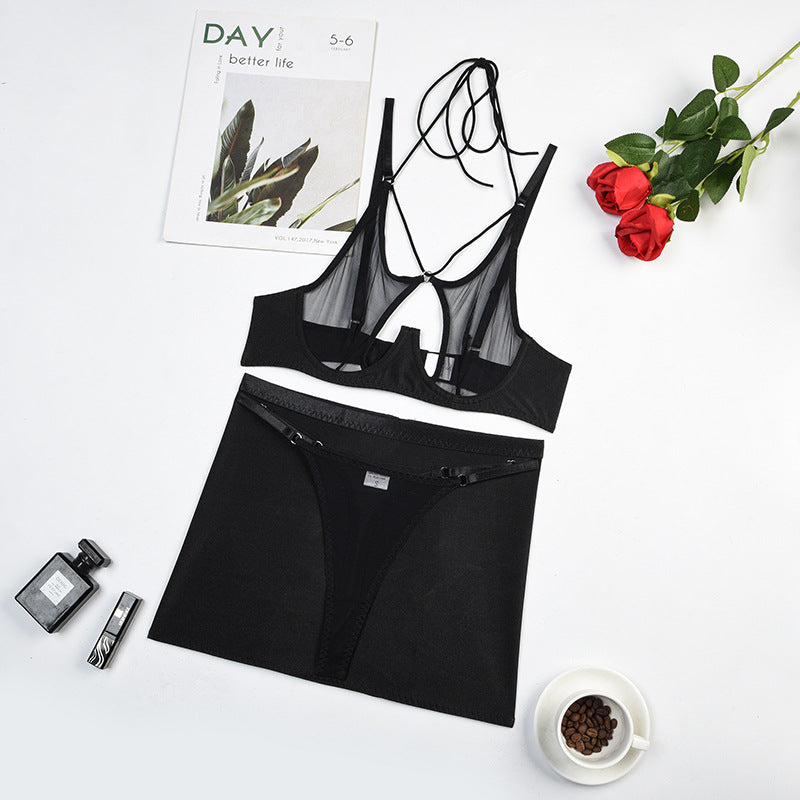 Black See-Through Mesh Bra and Panty Set Strap Details