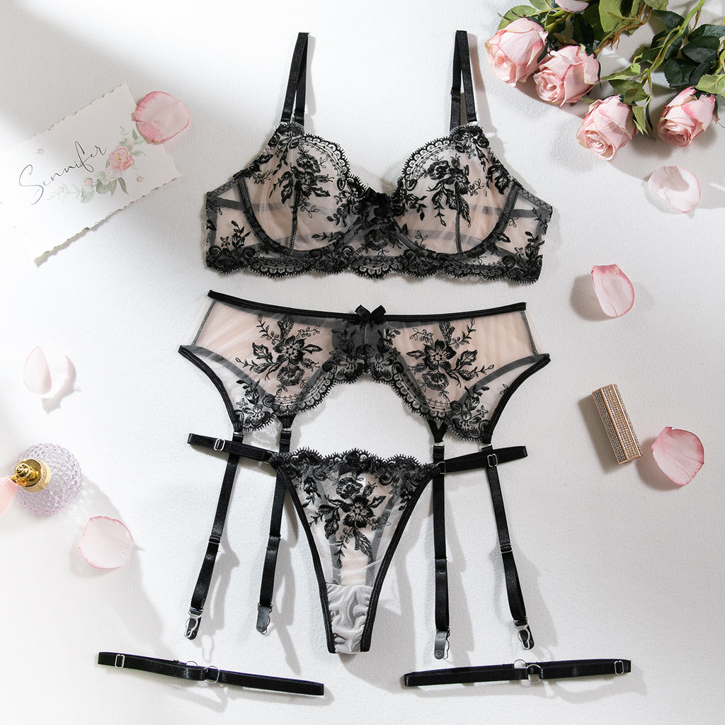 Wholesale Romantic Bra and Panty Set with Lace Garter Ov